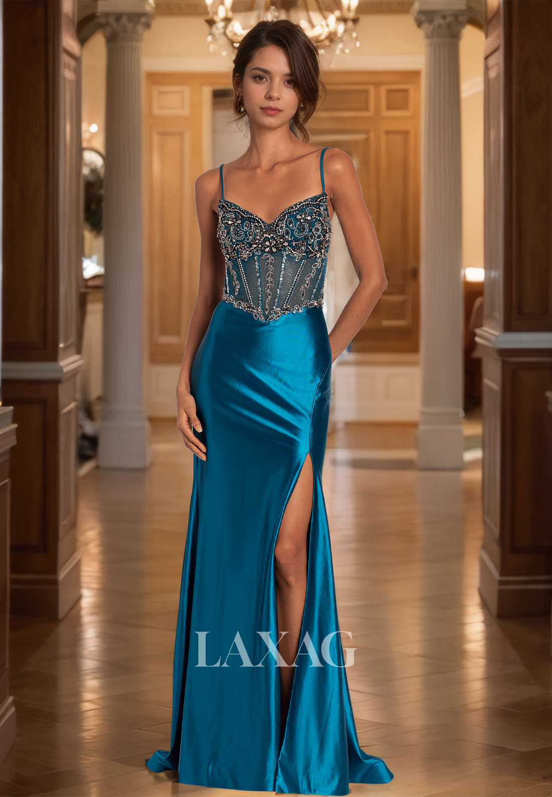 V-Neck Spaghetti Straps Sleeveless Mermaid Prom Dress Beaded Applique Pleated Formal Gowns