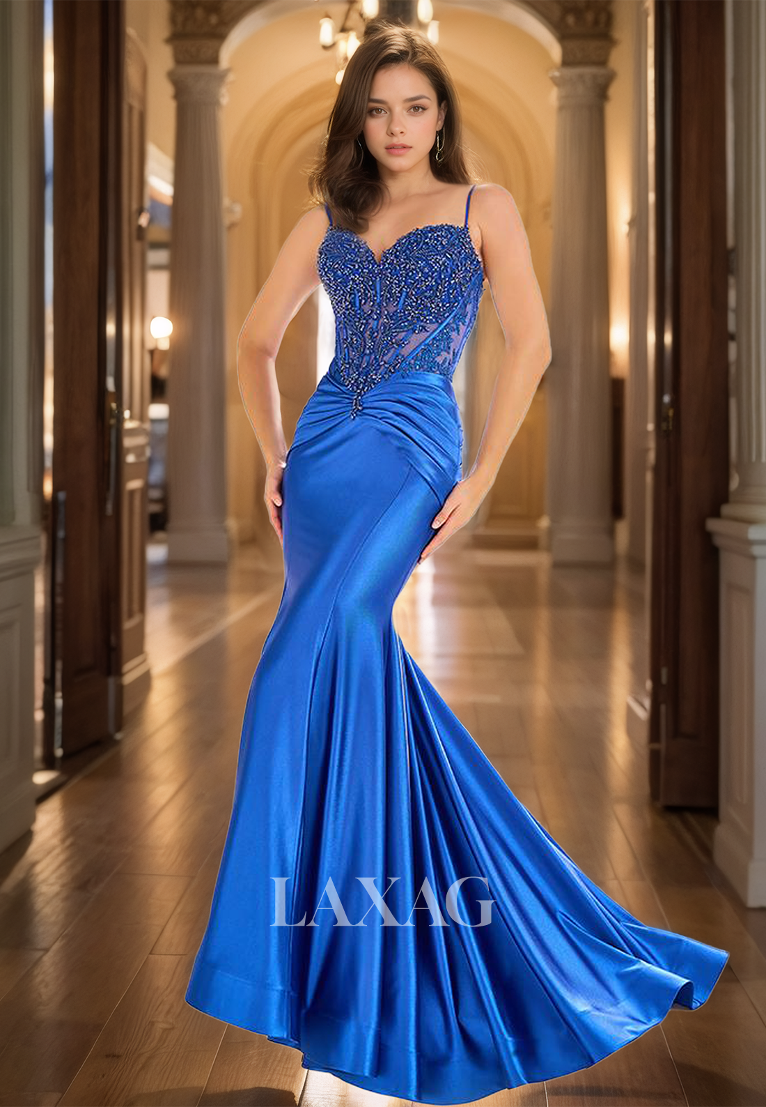 Applique Beaded Pleated Sweep Train Mermaid Prom Dress Sweetheart Spaghetti Straps Formal Gowns