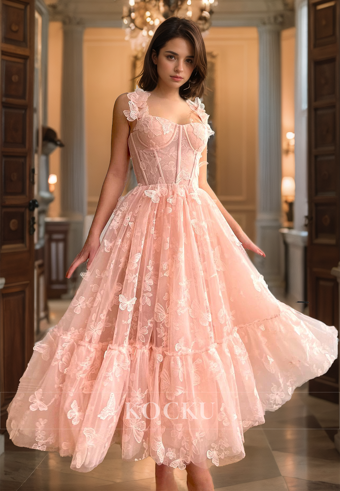 Tube Top Straps A-Line Sleeveless Ankle -Length Pleated Lace Prom Dress with Appliques Party Gown