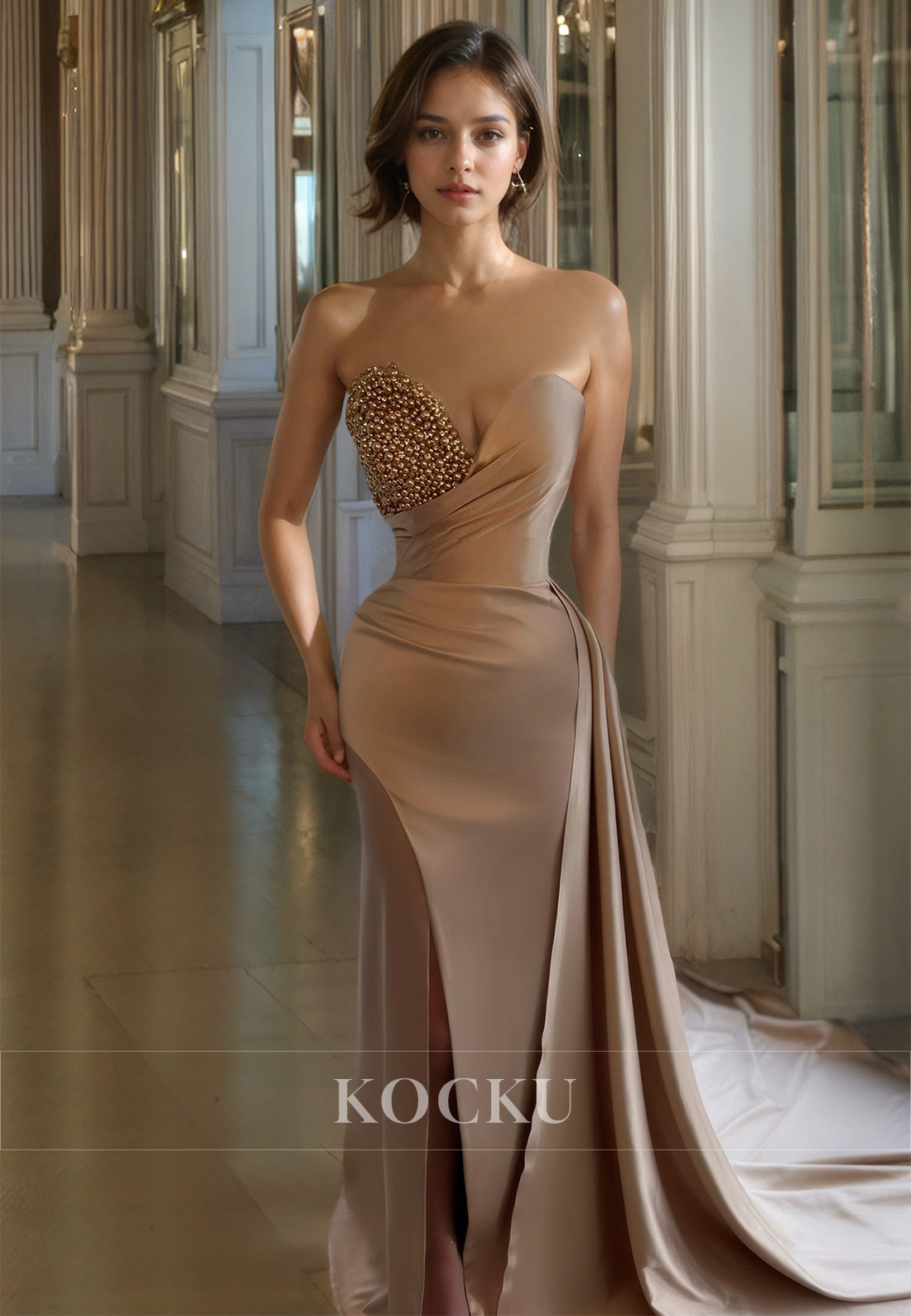 Sweetheart Sleeveless High Split Sheath Beads Satin Prom Dress with Sweep Train Formal Gowns