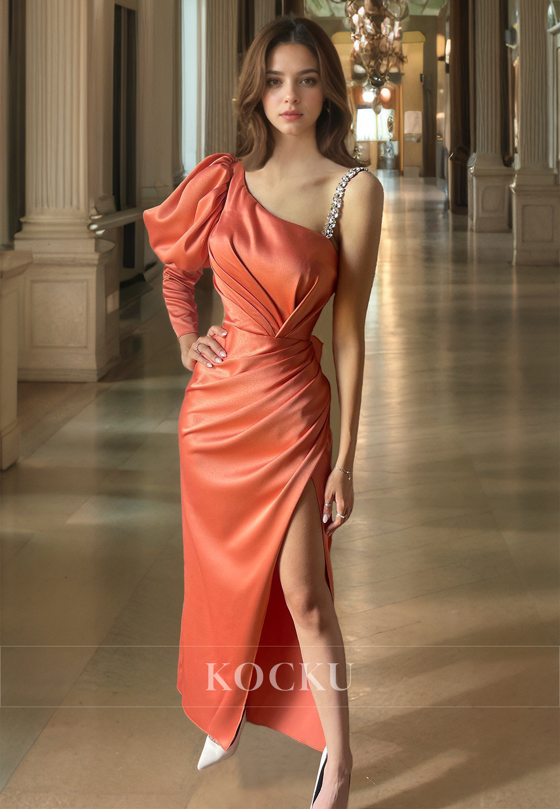 One Shoulder Straps Sheath High Split Floor-Length Pleated Satin Prom Dress with Beads Party Gowns