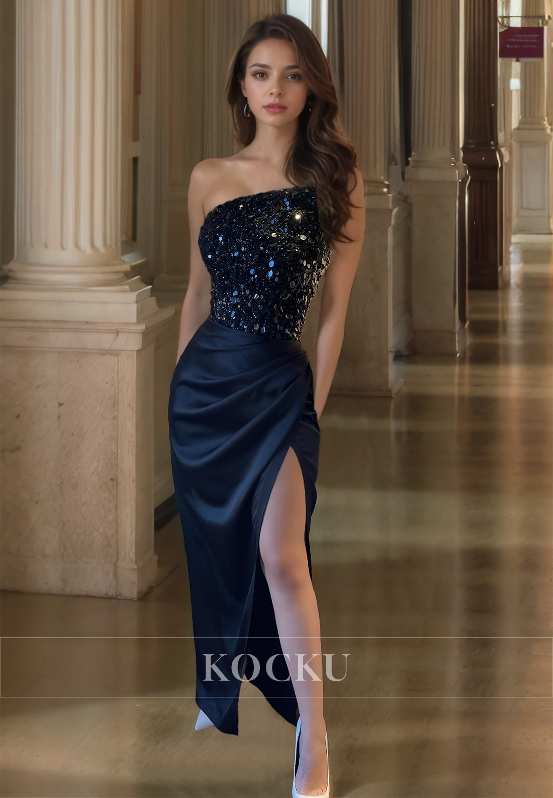 Tube Top Sleeveless Prom Dress Floor-Length Sheath Slit Pleats Satin Formal Gowns with Sequins