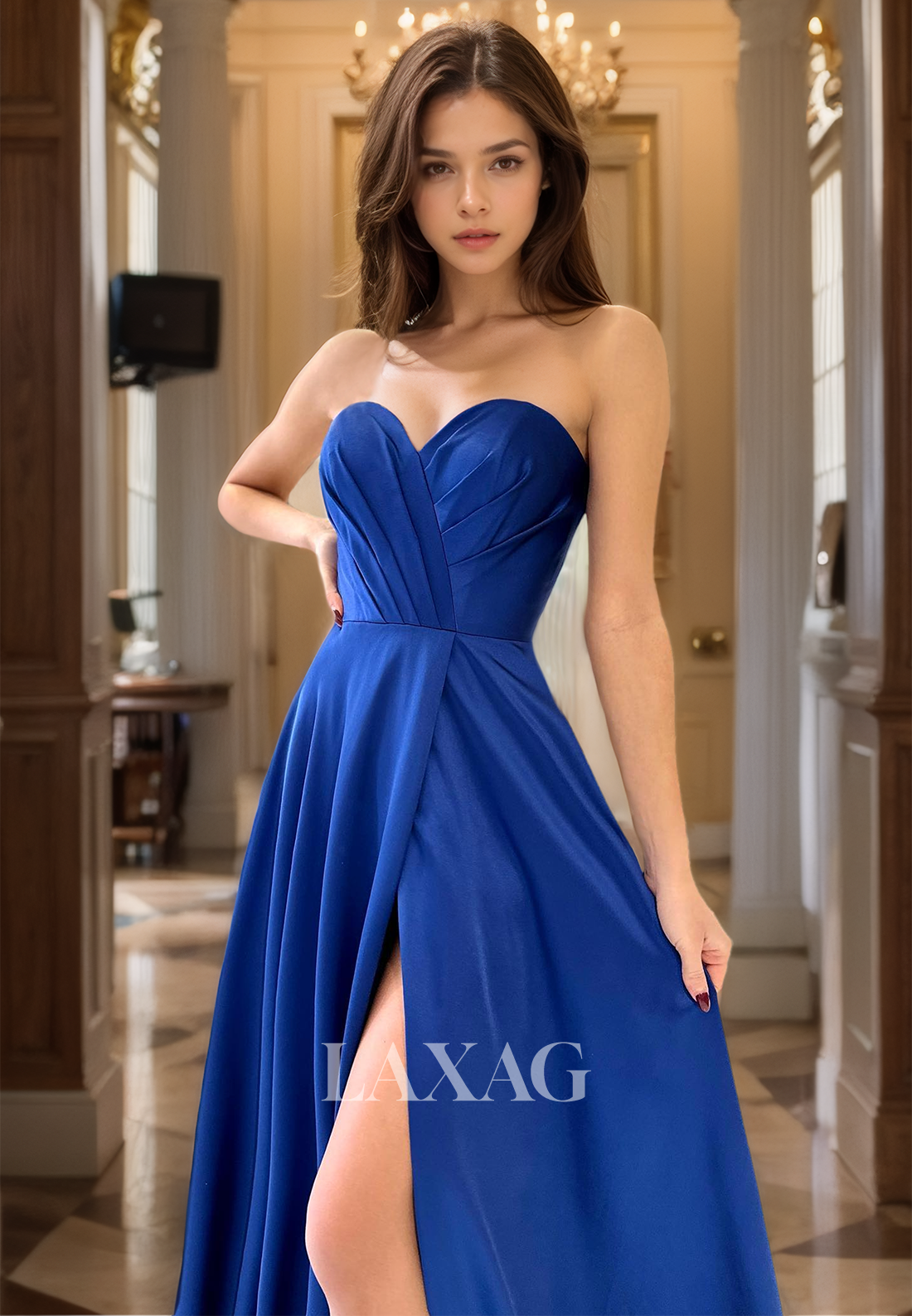 Sweetheart Off-Shoulder Sleeveless A-Line Prom Dress Pleated High Slit Satin Formal Gowns with Sweep Train