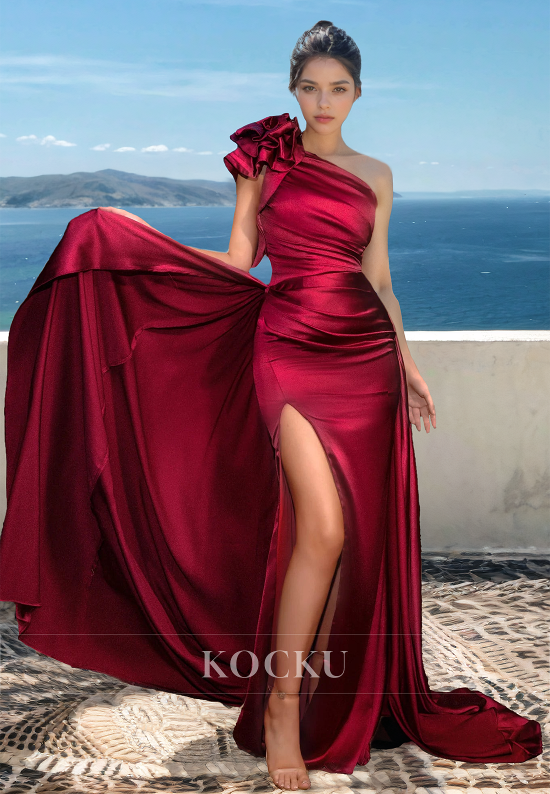 One Shoulder Sleeveless High Split Train Pleated Sheath Satin Prom Formal Gowns with Floral