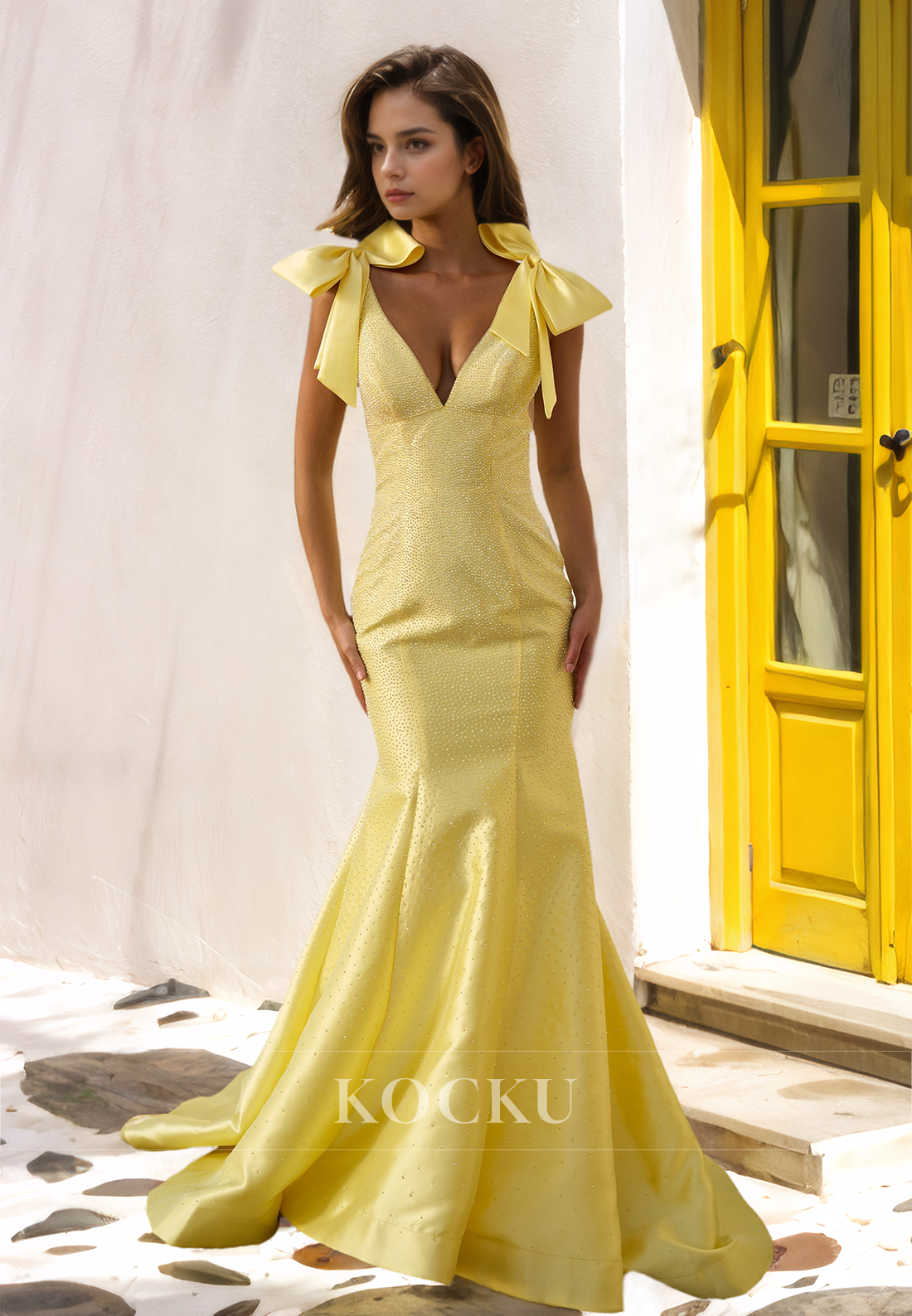 Beaded V-Neck Mermaid Sleeveless Sweep Train Formal Gown Prom Dress with Bows