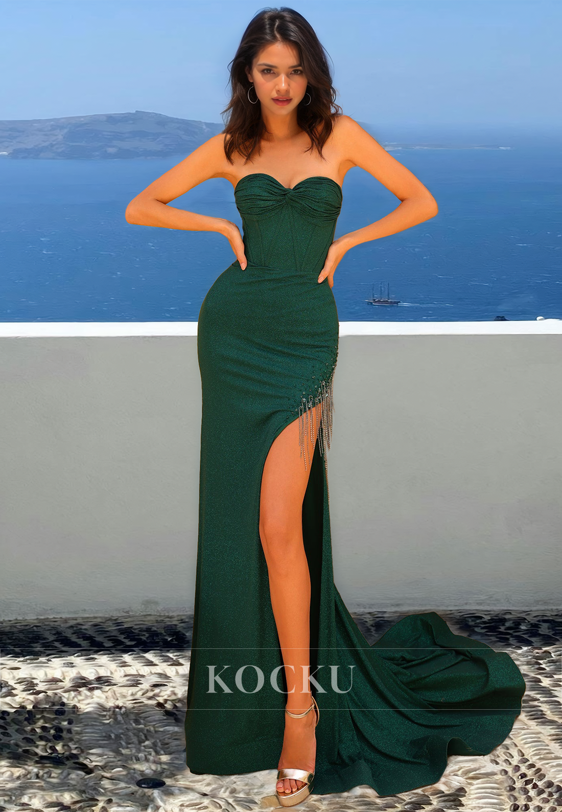 Beaded Sweetheart Prom Dress Sleeveless High Slit Pleats Evening Dress with Train