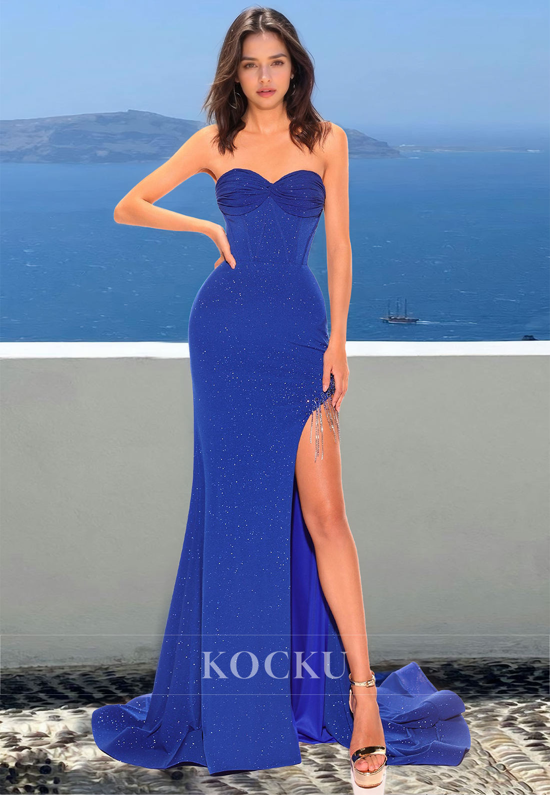 Beaded Sweetheart Prom Dress Sleeveless High Slit Pleats Evening Dress with Train