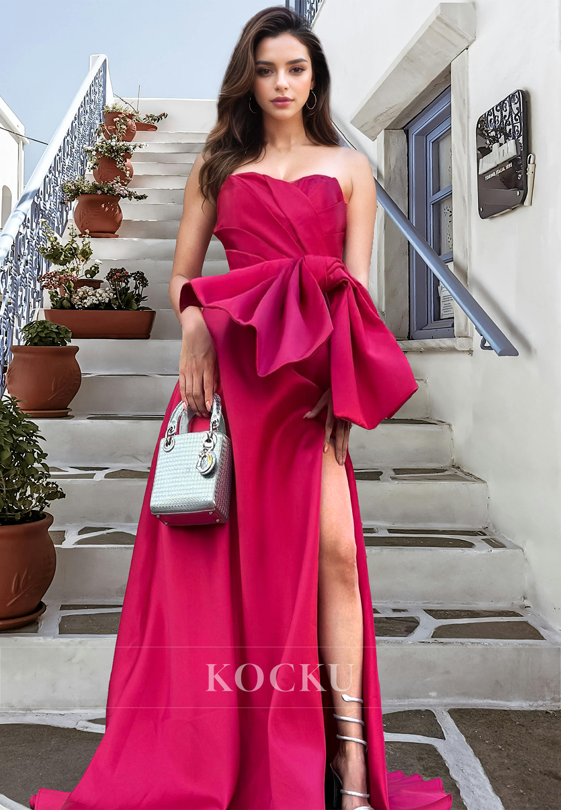 Sweetheart A-Line Sleeveless High Split Train Ruched Satin Prom Dress with Bows Party Dress