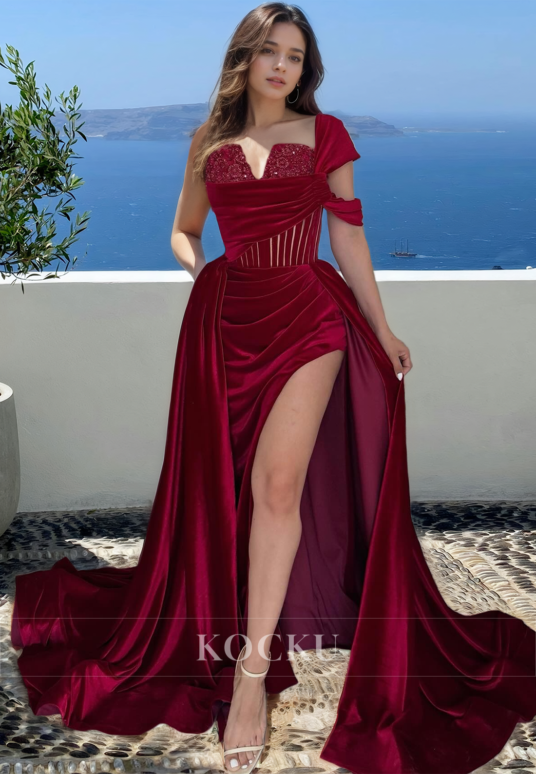 Elegant One Shoulder Sweetheart Sheath Appliques Pleats Chiffon Prom Formal Gown with Side Slit