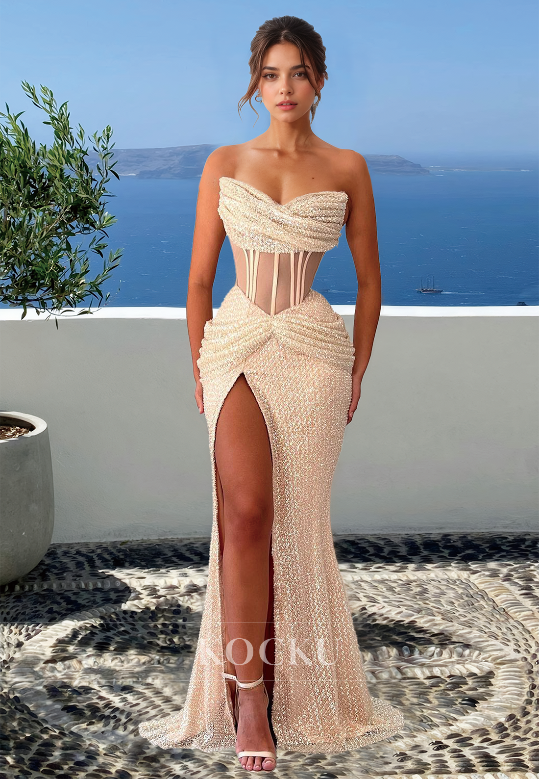 Striking Sweetheart Sleeveless Stripe Sheath Lace Pleats Party Prom Dress with Side Slit