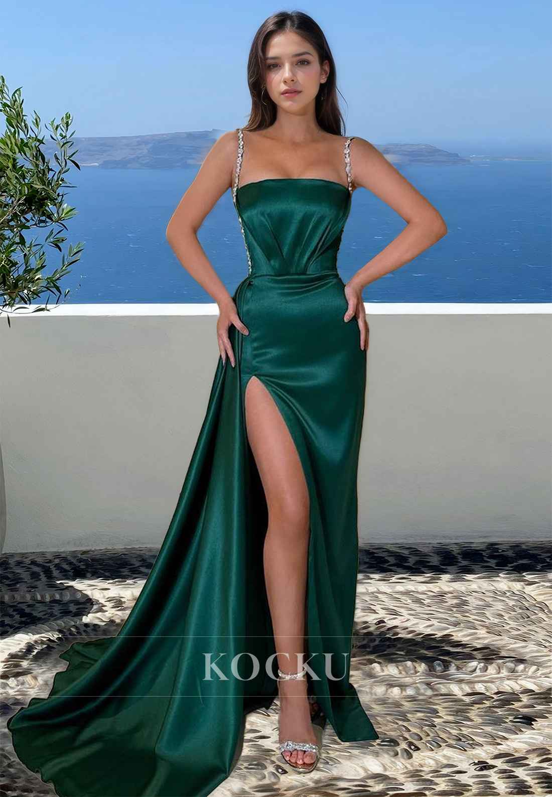 Beaded Spaghetti Straps Sheath Side Slit Satin Long Formal Occasion with Train