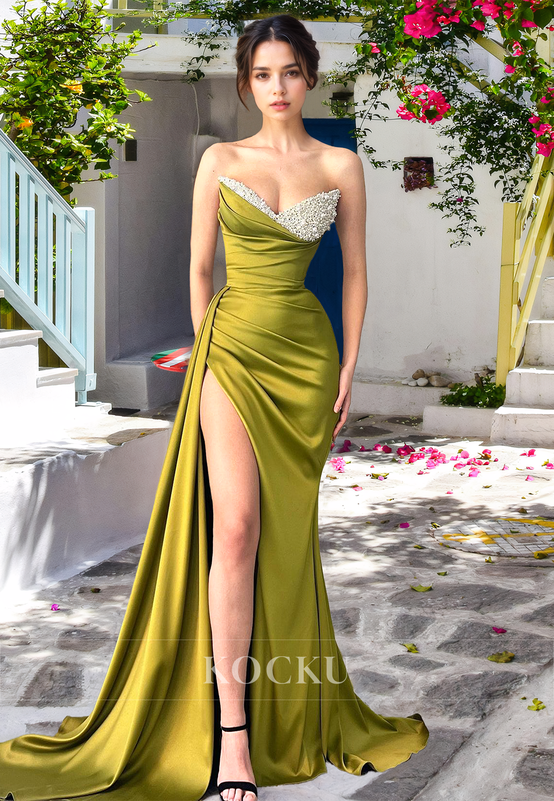 Graceful Sheath Sweetheart Sleeveless Side Slit Satin Pleats Beaded Prom Party Dress