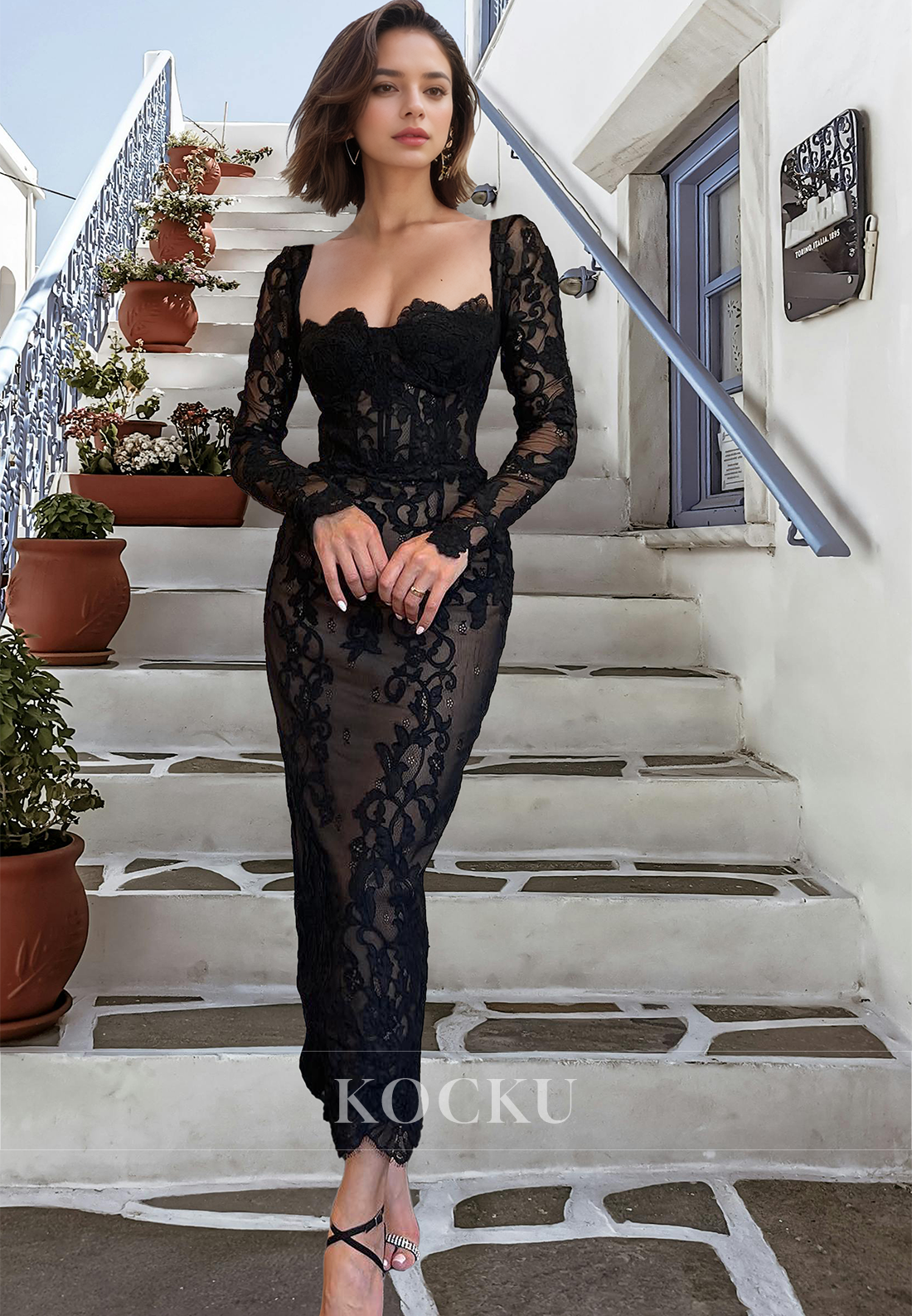 Elegant Long Sleeves Square Sheath Lace Long Prom Formal Dress with Appliques