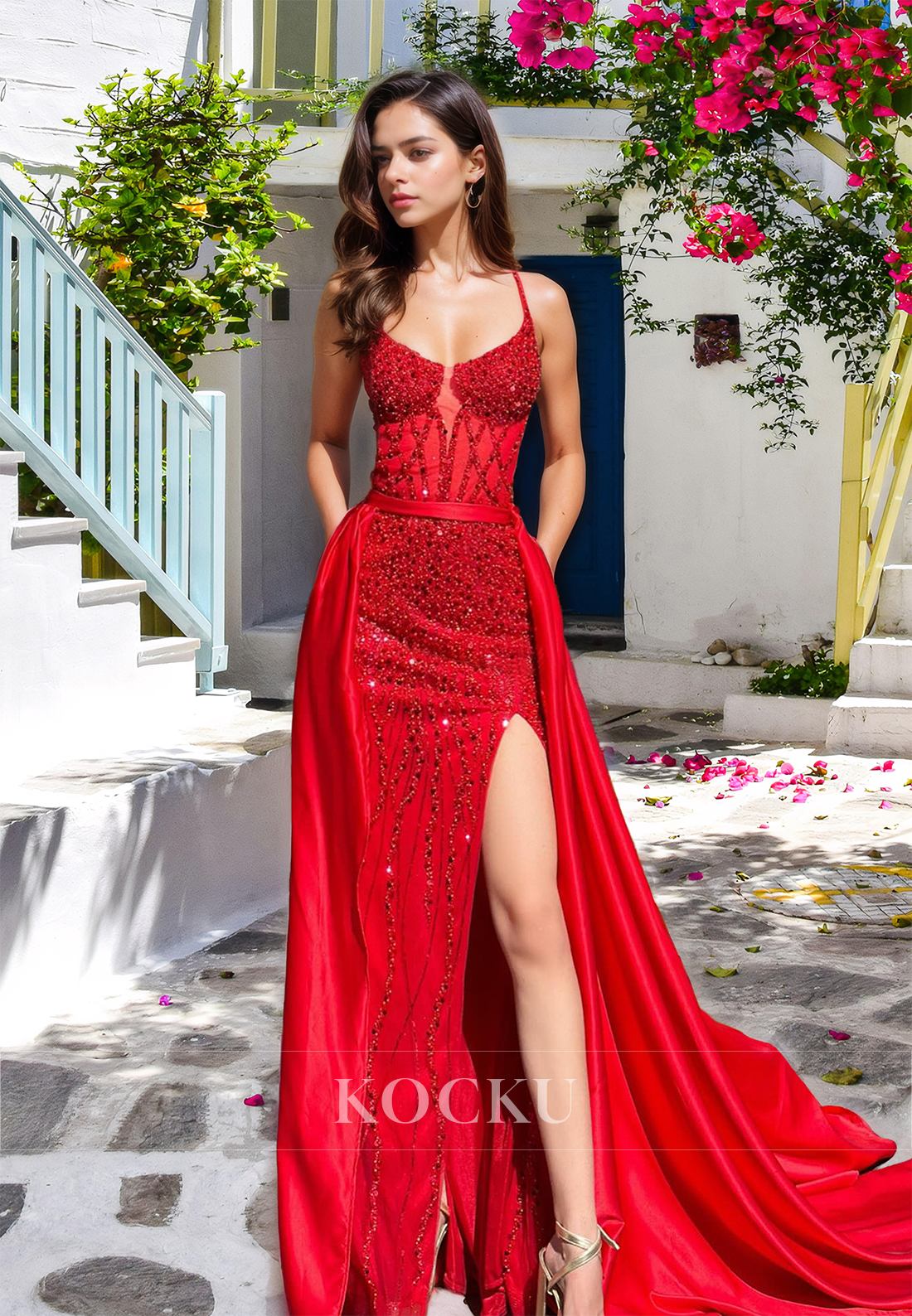 Stunning Scoop Neck Spaghetti Straps Sheath Side Slit Beaded Prom Evening Party Dress with Overskirt