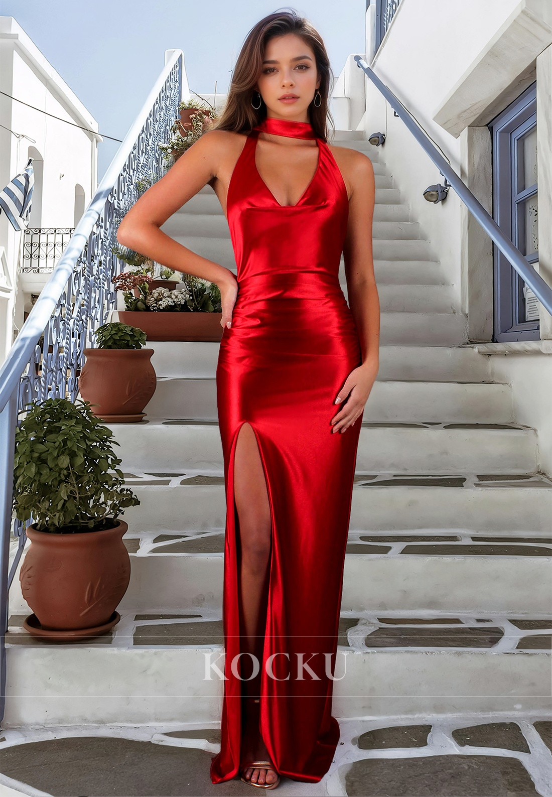 Elegant Halter V-Neck Sleeveless Ruched Satin Long Evening Prom Dress with Side Slit