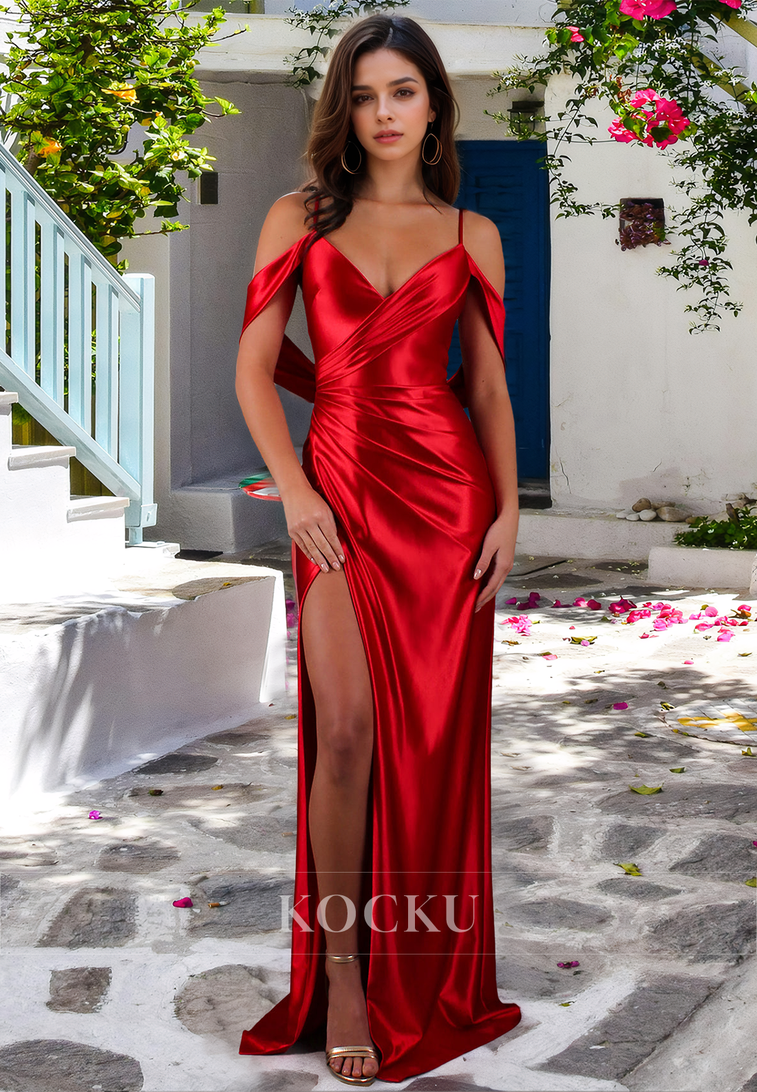 Classic Spaghetti Straps V-Neck Sheath Satin Pleats Prom Dress with Slit Party Dress