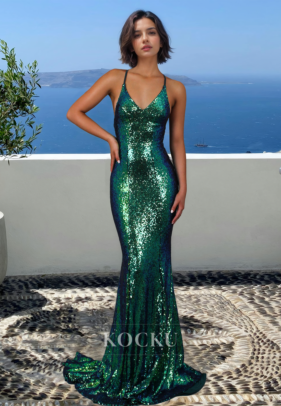 Stunning V-Neck Spaghetti Straps Mermaid Sequin Prom Dress with Train Evening Dress