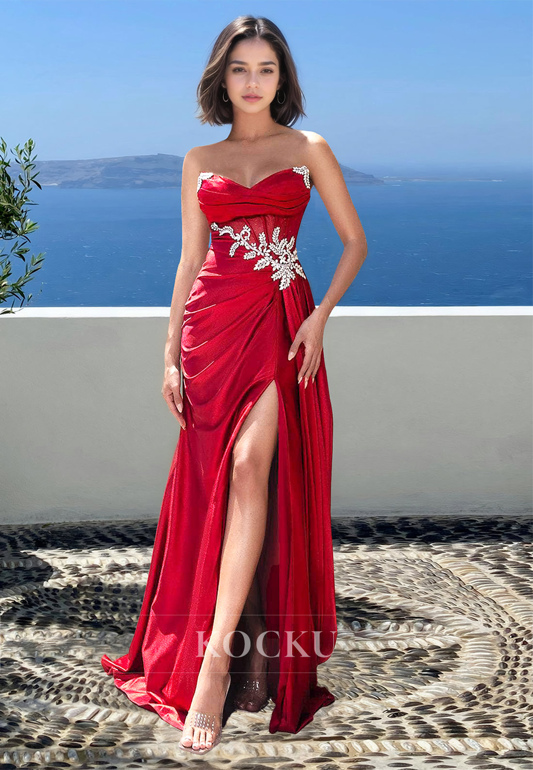 Beaded Sweetheart Sheath Sleeveless Side Slit Pleats Satin Prom Party Dress with Appliques