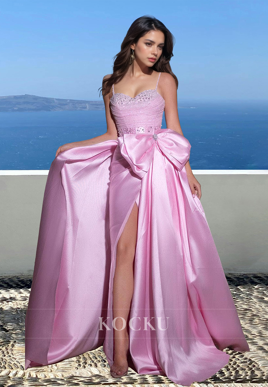 Beaded Straps Sweetheart Sheath Pleats Satin Bows Formal Party Dress with Side Slit