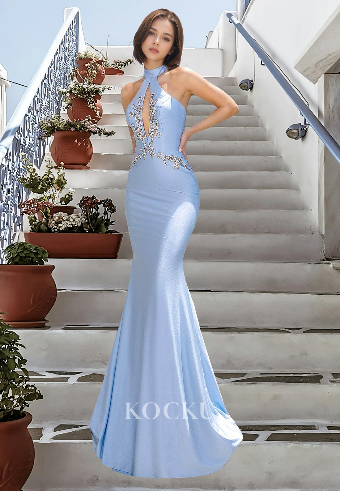 Halter Neck Sleeveless Mermaid Cut Outs Beaded Satin Prom Party Dress with Train