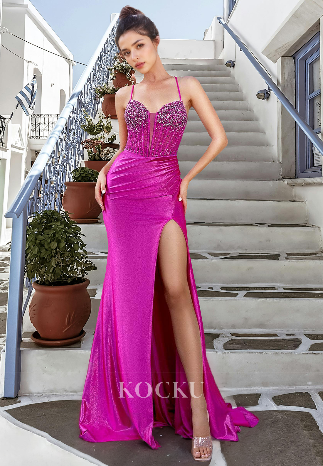 Glomaorous Beaded Sweetheart Straps Side Slit Fitted Fuchsia Satin Prom Evening Dress with Train