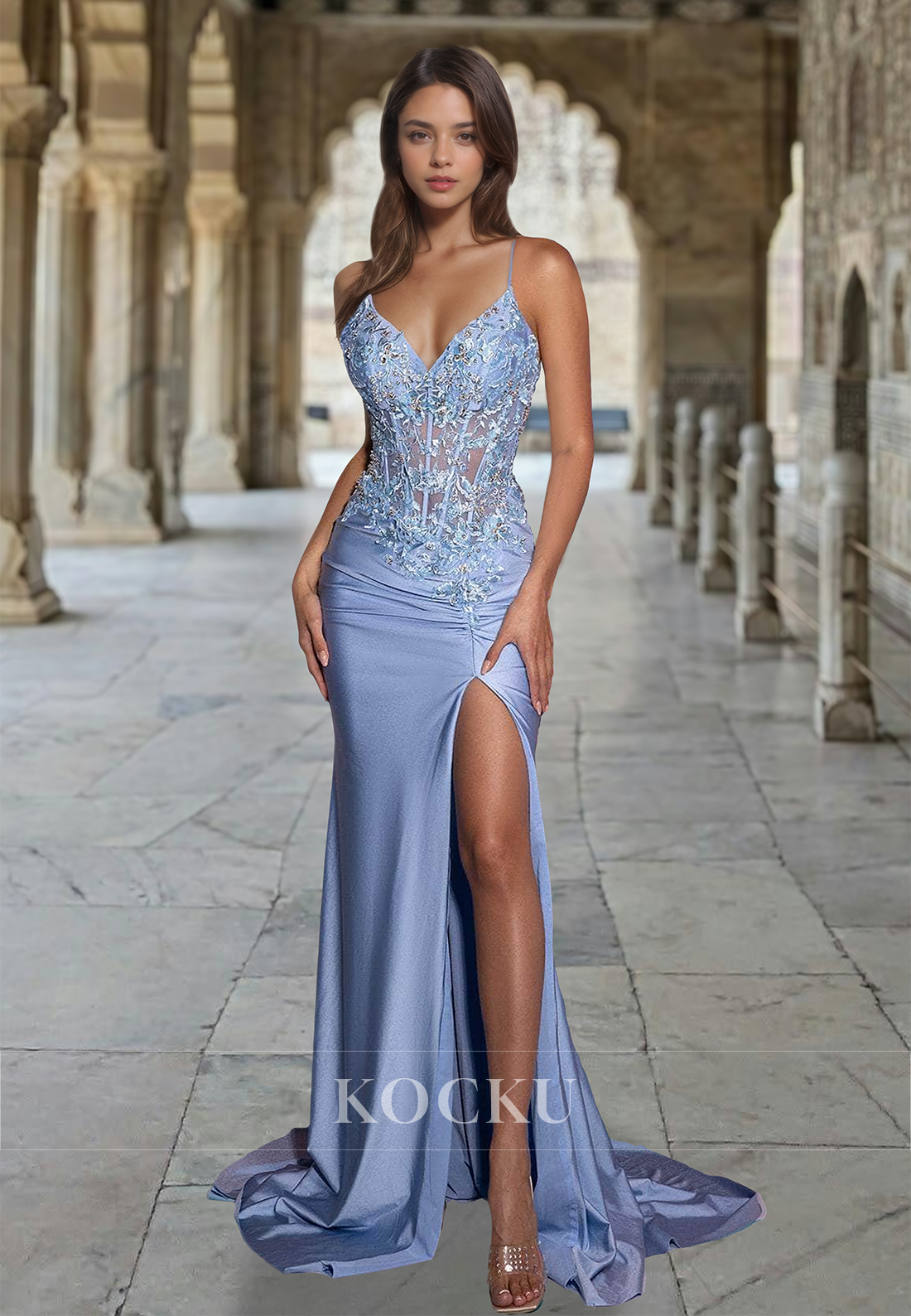 Elegant Spaghetti Straps Sheath Appliques Satin Pleats Prom Party Dress with Slit