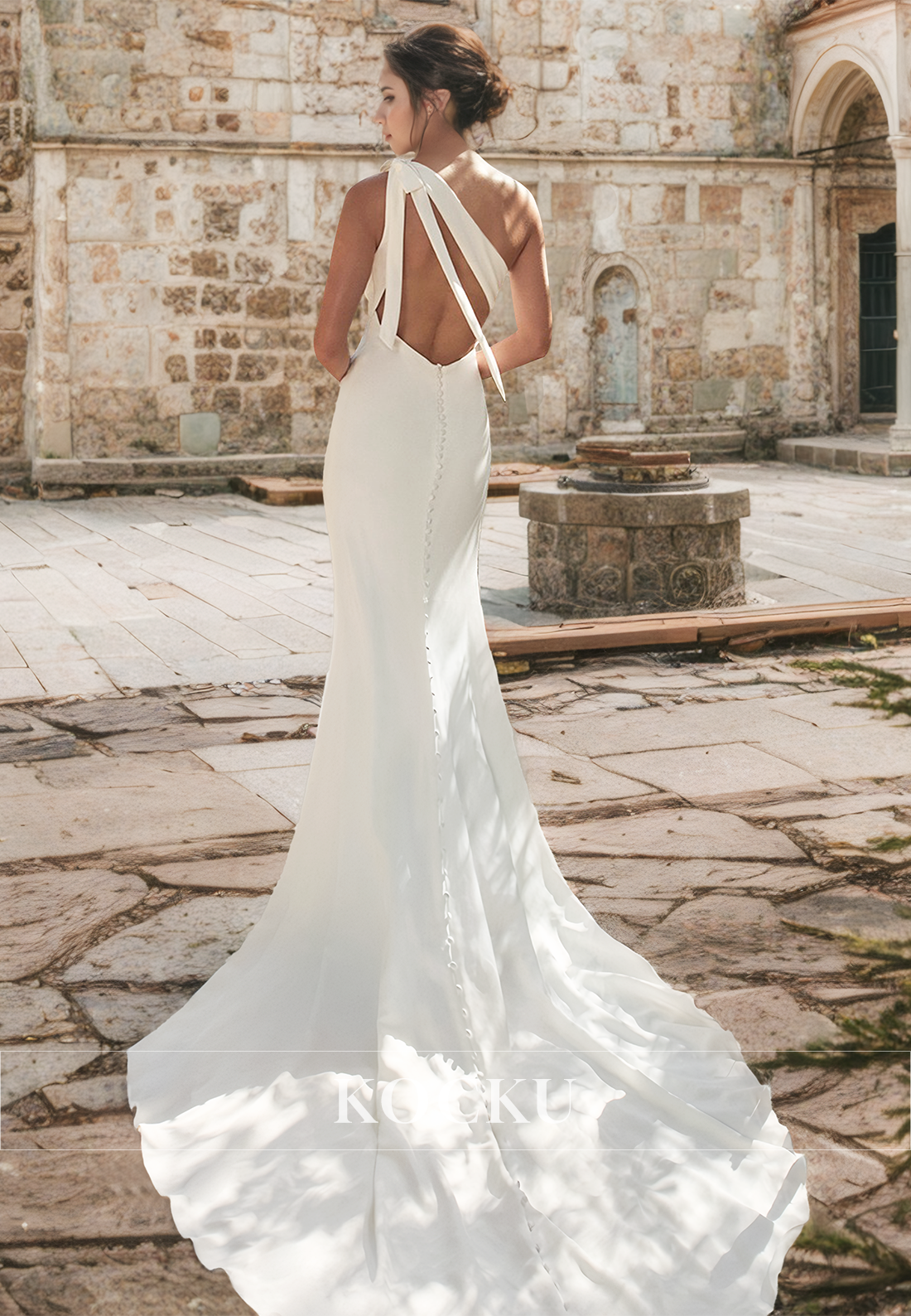Elegant One Shoulder Sleeveless Sheath Satin Side Slit Bow Wedding Dress Bridal Gown with Train