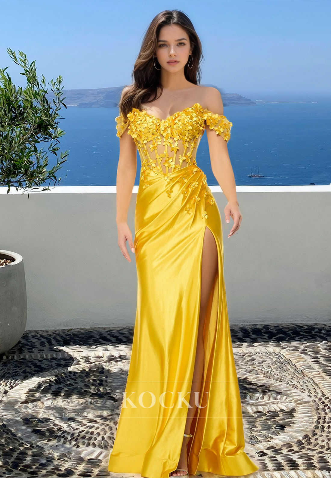 Glamorous Sweetheart Sleeveless Sheath Side Slit Pleated Satin Prom Party Gown with Floral