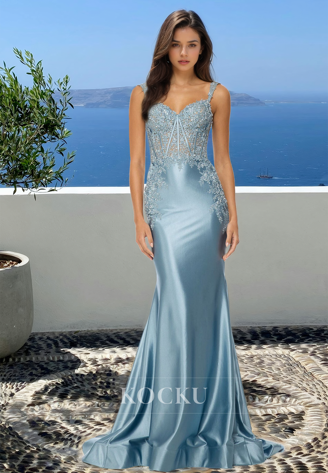 Elegant Sweetheart Straps Sheath Stripe Satin Long Satin Formal Party Dress with Appliques