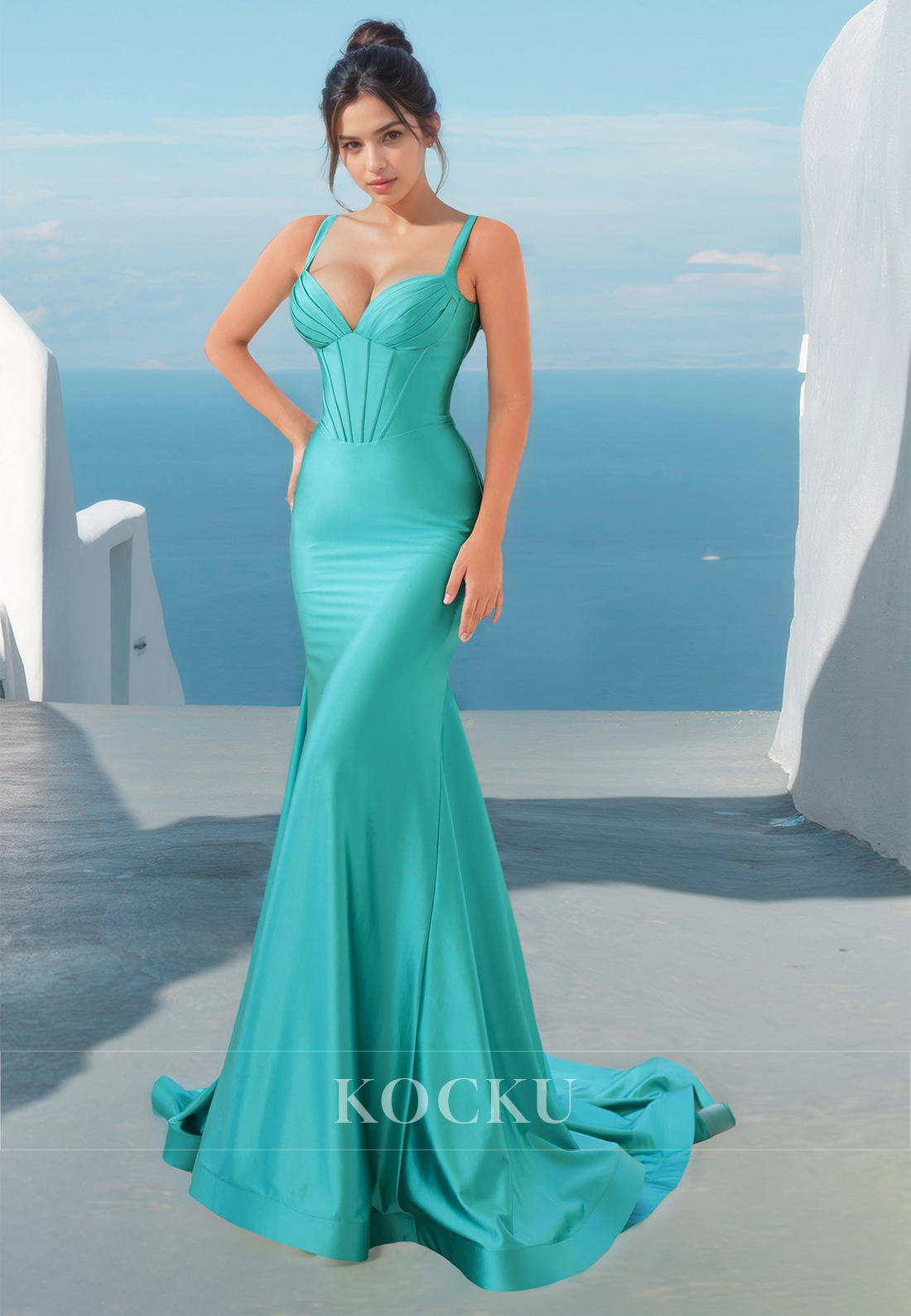 Simple Sweetheart Straps Mermaid Stripe Pleats Satin Prom Dress with Train Formal Gown