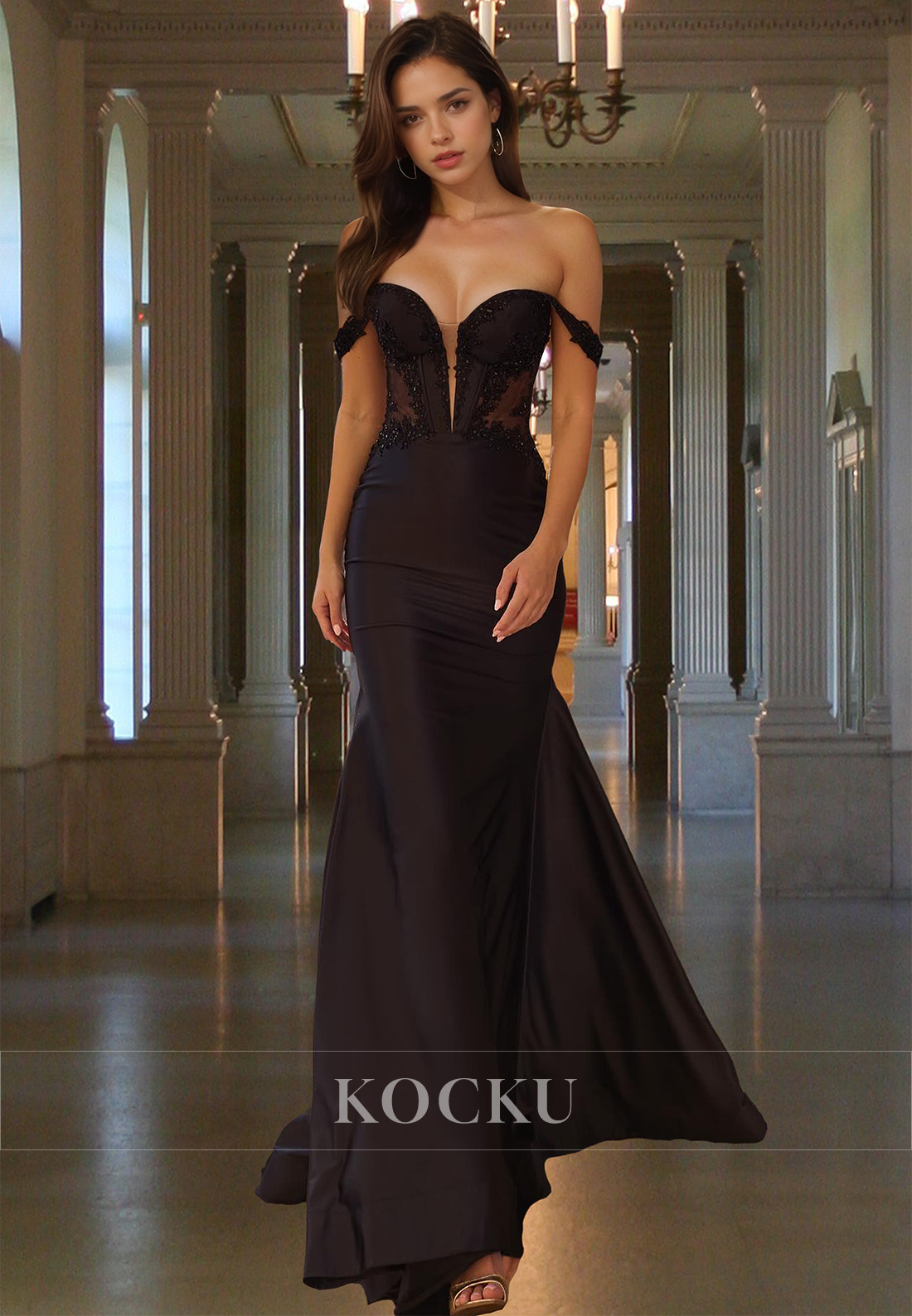 Off-Shoulder Sheath Sleeveless Appliques Satin Long Prom Dress Evening Dress with Train