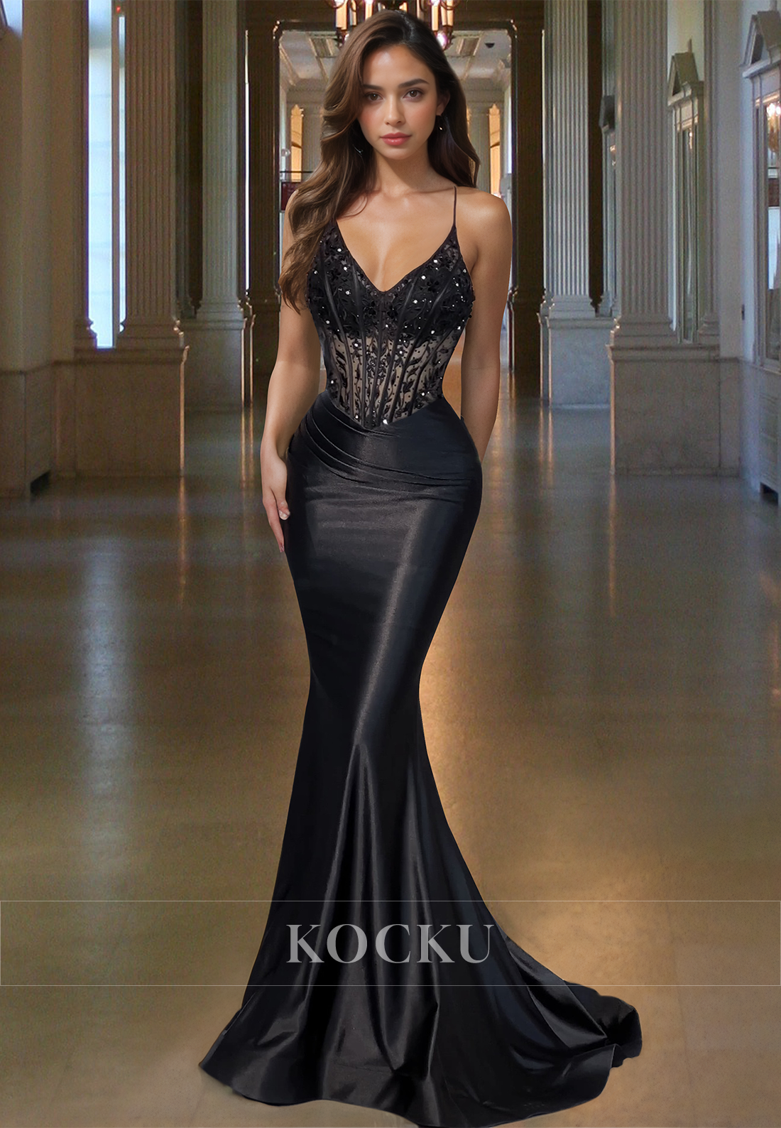 Beaded Spaghetti Straps Mermaid V-Neck Stripe Satin Prom Evening Dress with Appliques