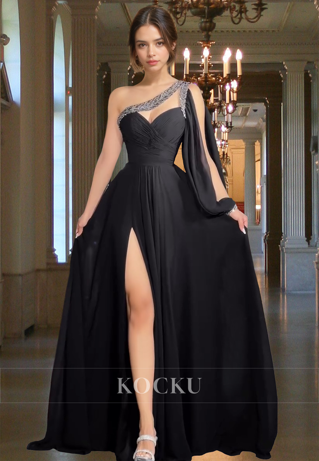 Asymmetrical One Shoulder A-Line Side Slit Pleats Chiffon Prom Dress Party Gown with Beads
