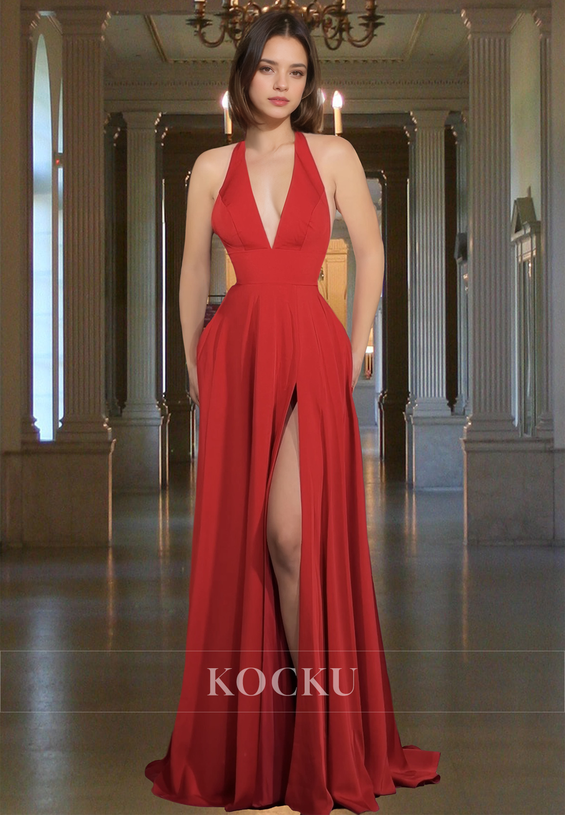 Halter V-Neck A-Line Sleeveless Satin Pleated Long Prom Dress Formal Gowns with Slit