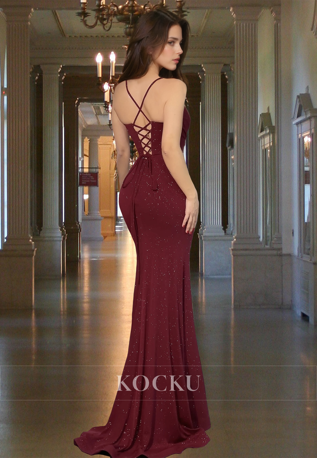 Spaghetti Straps Sweetheart Sheath Beaded Glitter Knit Pleats Prom Party Dress with Slit