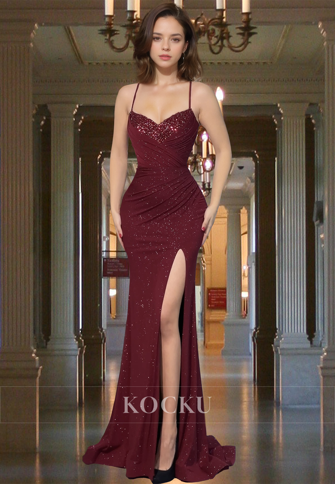 Spaghetti Straps Sweetheart Sheath Beaded Glitter Knit Pleats Prom Party Dress with Slit
