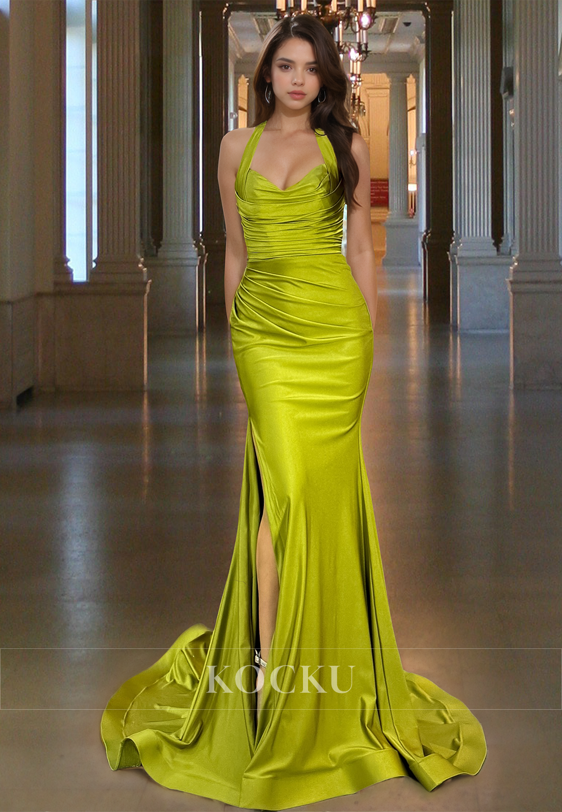 Elegant Sweetheart Straps Mermaid Side Slit Ruched Satin Formal Gowns with Train