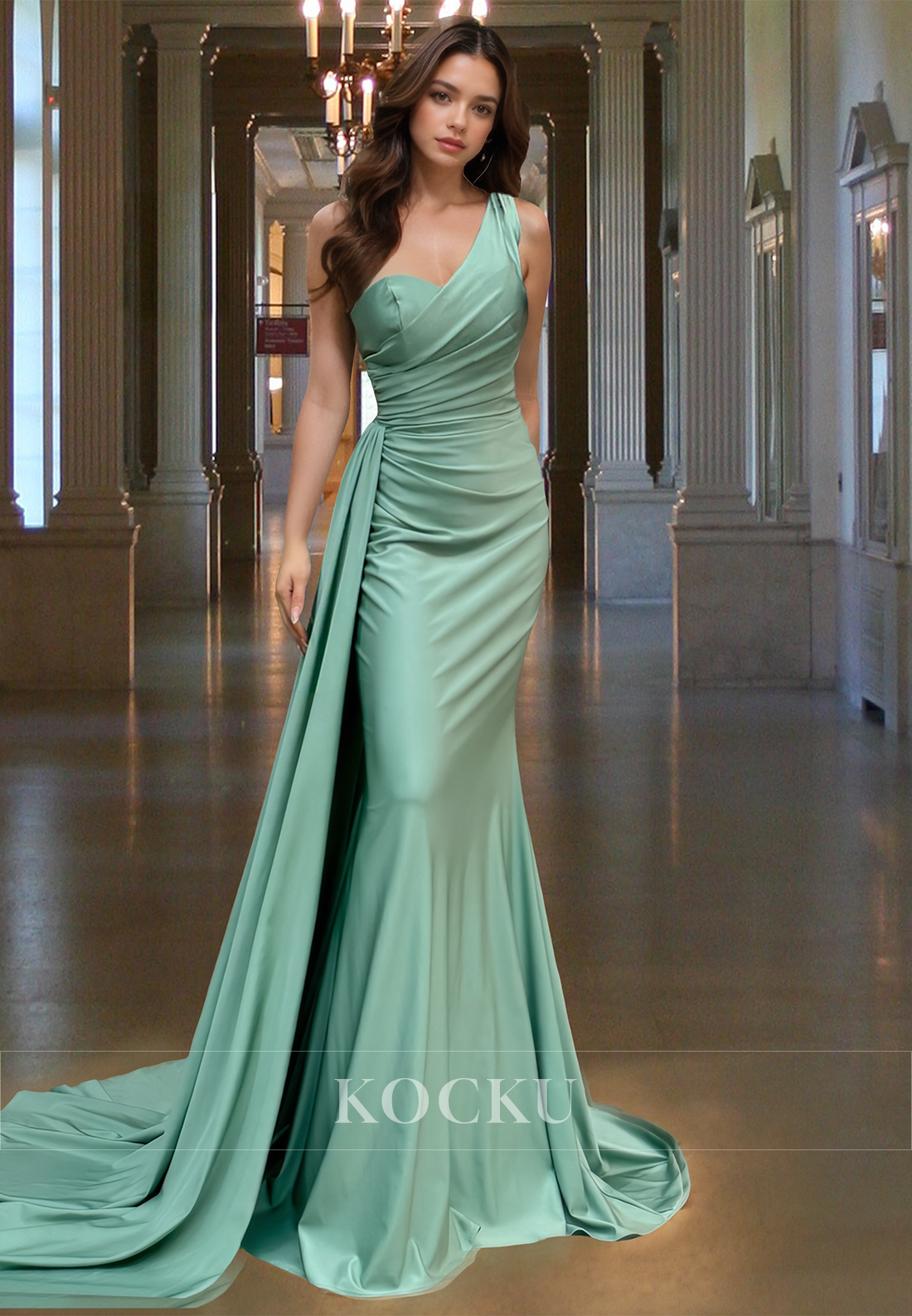Charming One Shoulder Mermaid Sleeveless Train Pleated Long Satin Prom Party Evening Dress