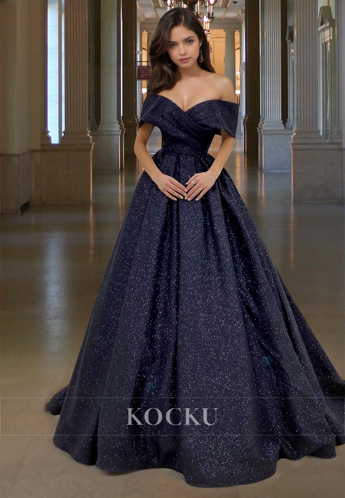 Sparkly A-Line Off-Shoulder Sleeveless Pleats Glitter Long Formal Evening Dress with Train