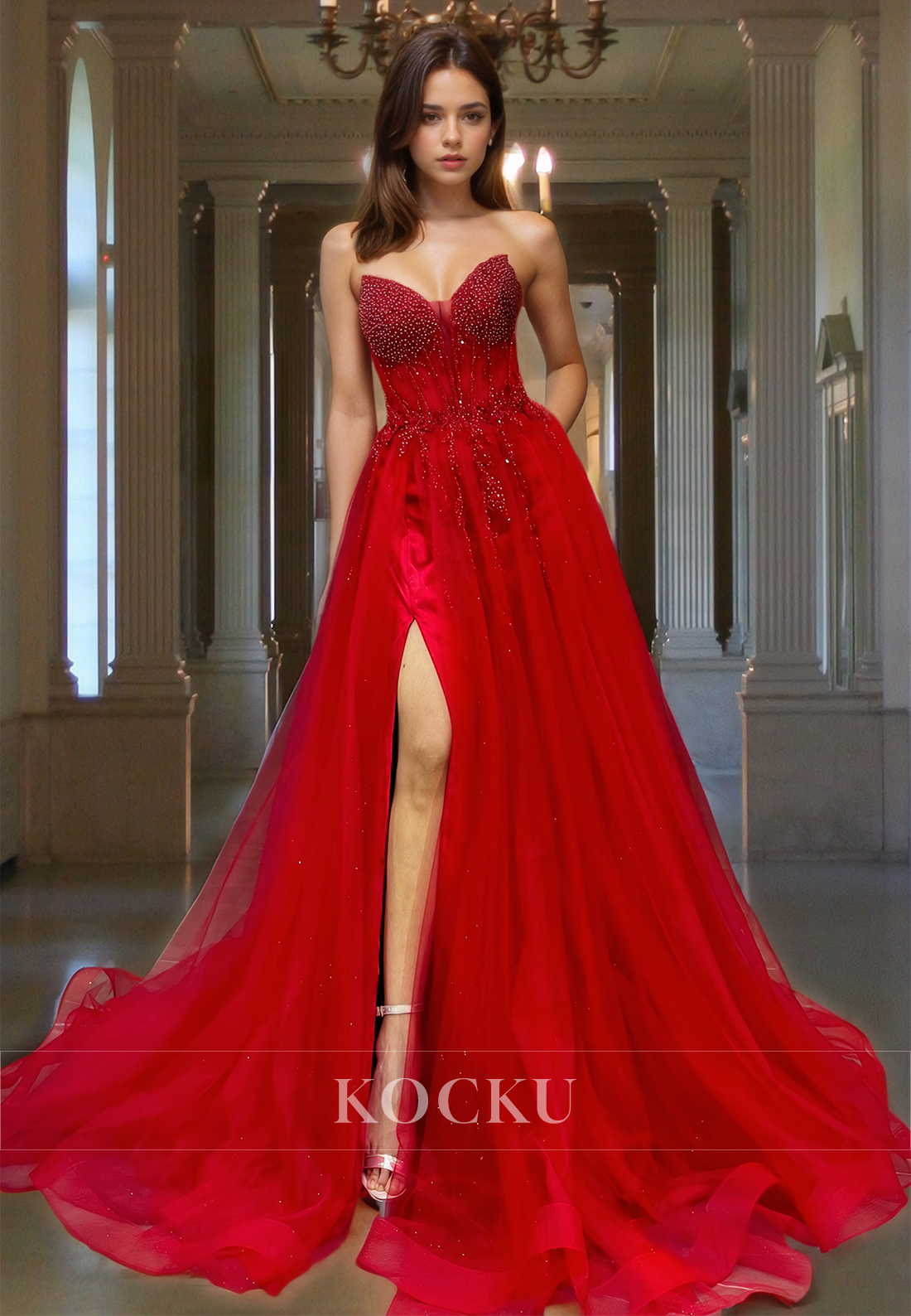 Beaded A-Line Party Gowns Sweetheart Sleeveless Lace Formal Dress with Slit