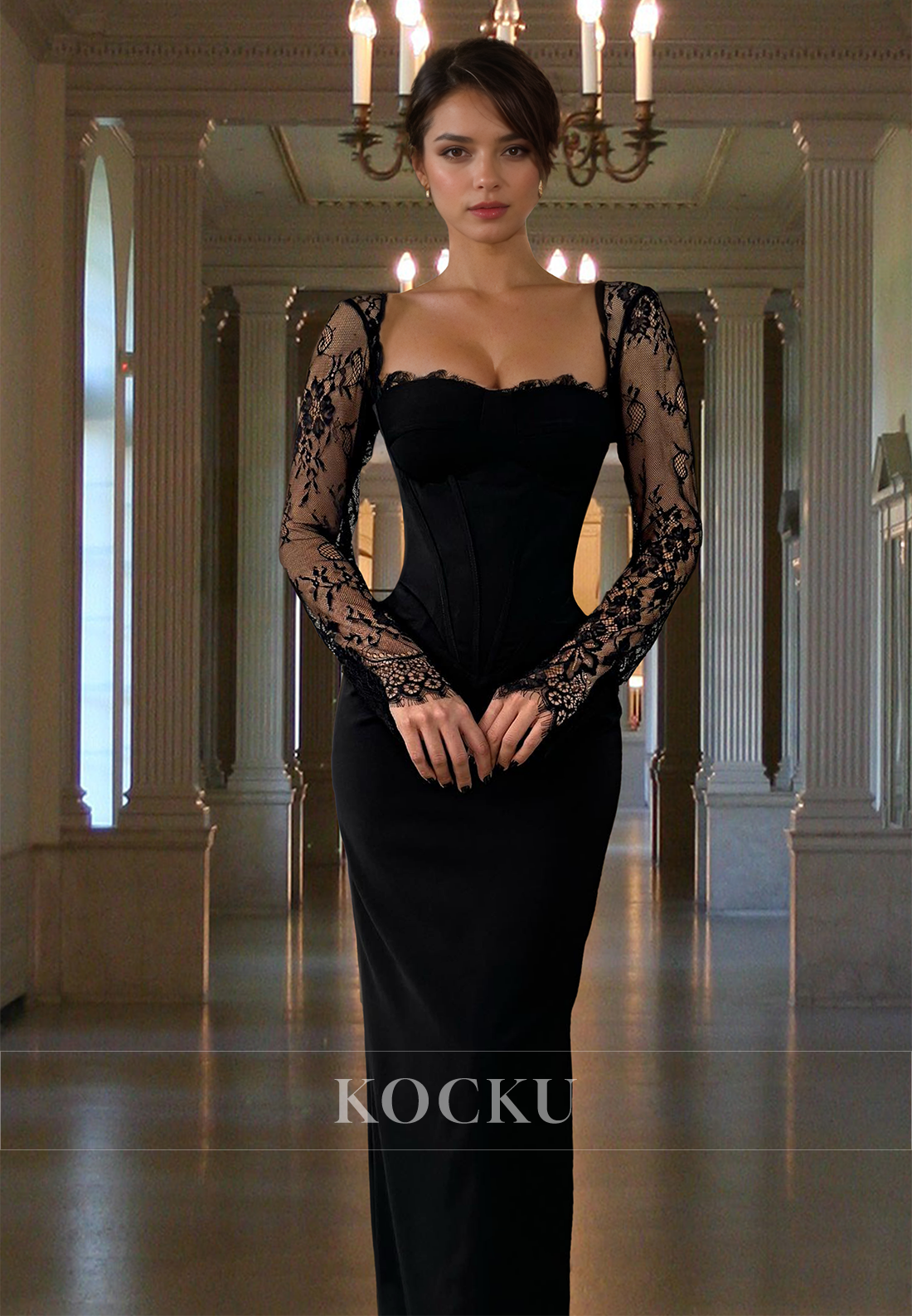 Long Sleeves Sweetheart Sheath Long Prom Dress with Appliques Evening Gown