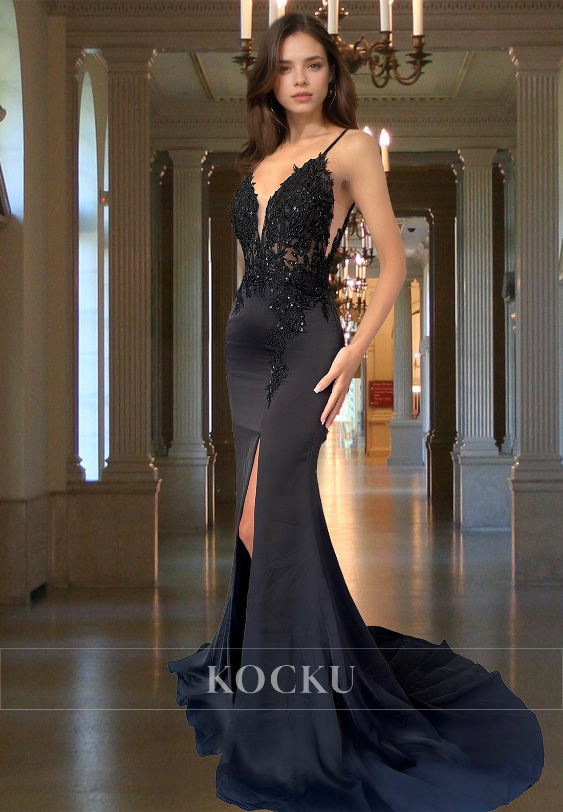 Elegant Spaghetti Straps V-Neck Mermaid Satin Long Evening Prom Gown with Appliques