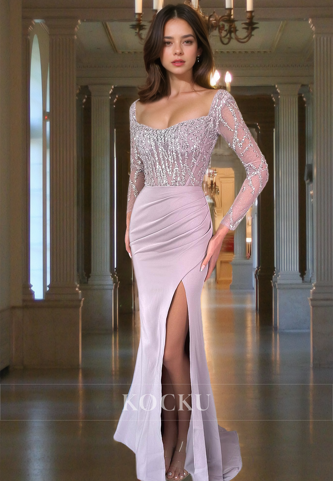 Beaded Satin Long Sleeves Side Slit Pleats Long Prom Formal Party Dress with Train