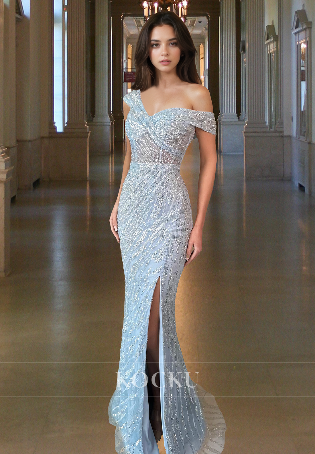 Elegant One Shoulder Sleeveless Sheath Sequin Appliques Lace Party Prom Dress with Slit