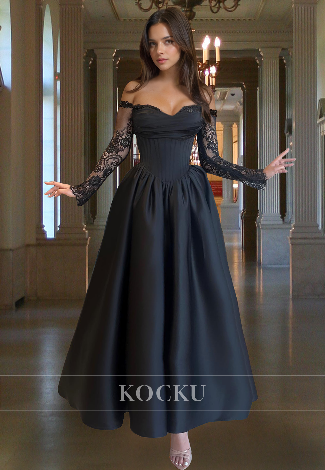 Elegant A-Line Sweetheart Long Sleeves Pleats Satin Long Prom Dress with Appliques Party Dress