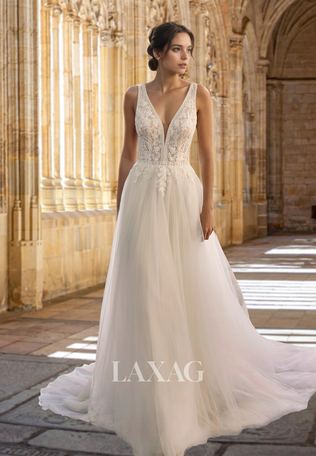Deep V-Neck Straps Off-Shoulder Sleeveless A-Line Wedding Dress Beaded Lace Applique Tulle Bride Gowns
