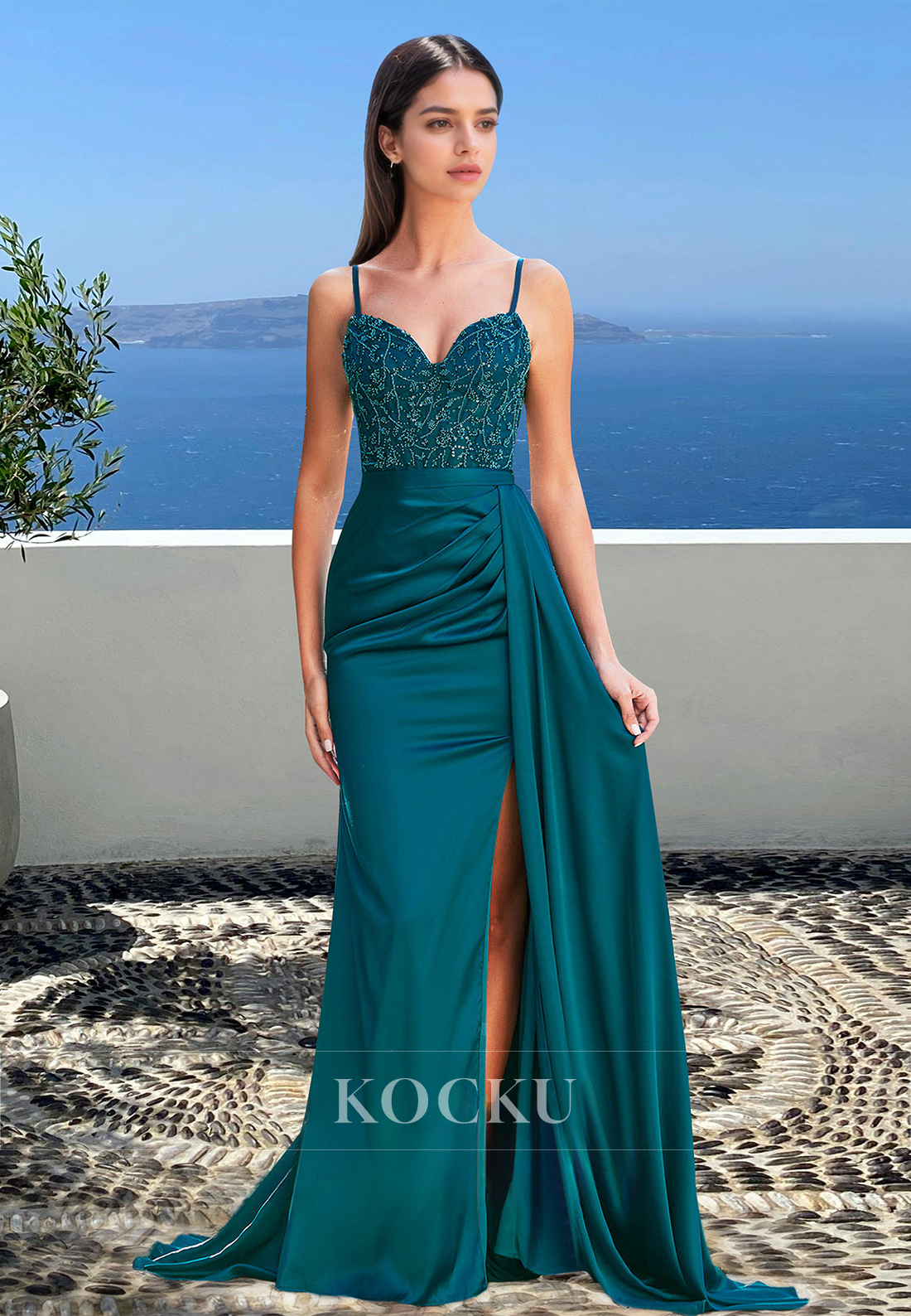Elegant Sweetheart Straps Sheath Side Slit Train Appliques Satin Party Prom Dress with Beaded