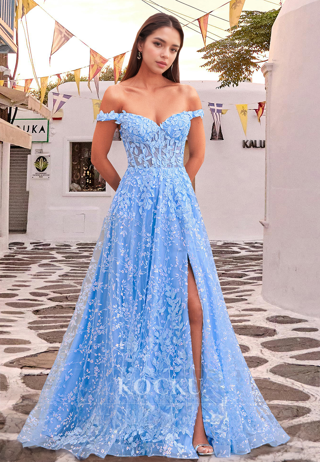 Gorgeous A-Line Sweetheart Side Slit Long Pleats Lace Evening Formal Gown with Appliques