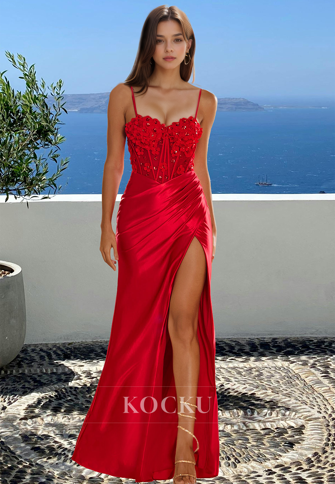 Beaded Sweetheart Straps High Slit Empire Waist Satin Pleats Prom Party Dress with Floral