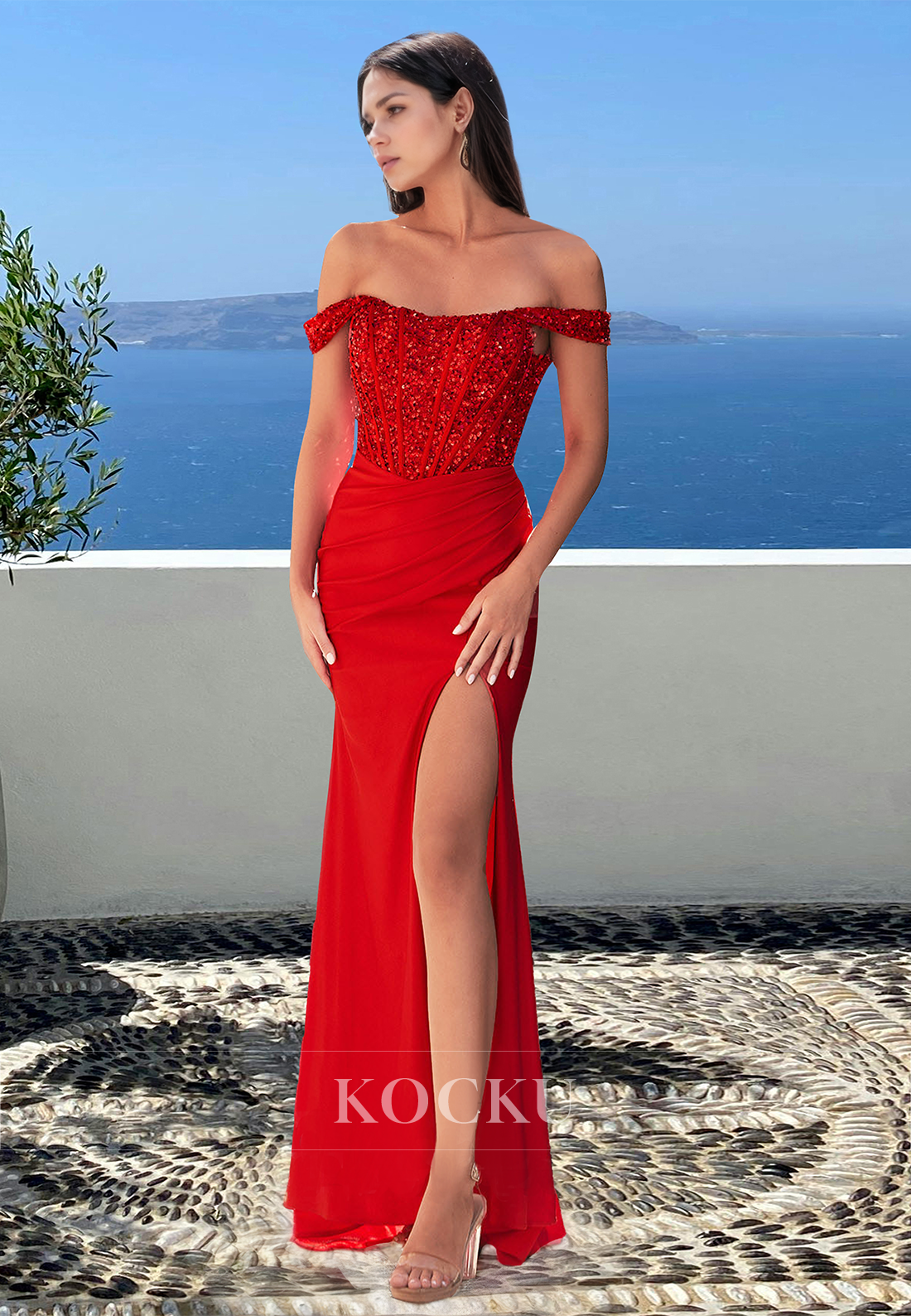 Beaded Off Shoulder Sleeveless Stripe Satin Pleated Long Formal Prom Dress with High Slit